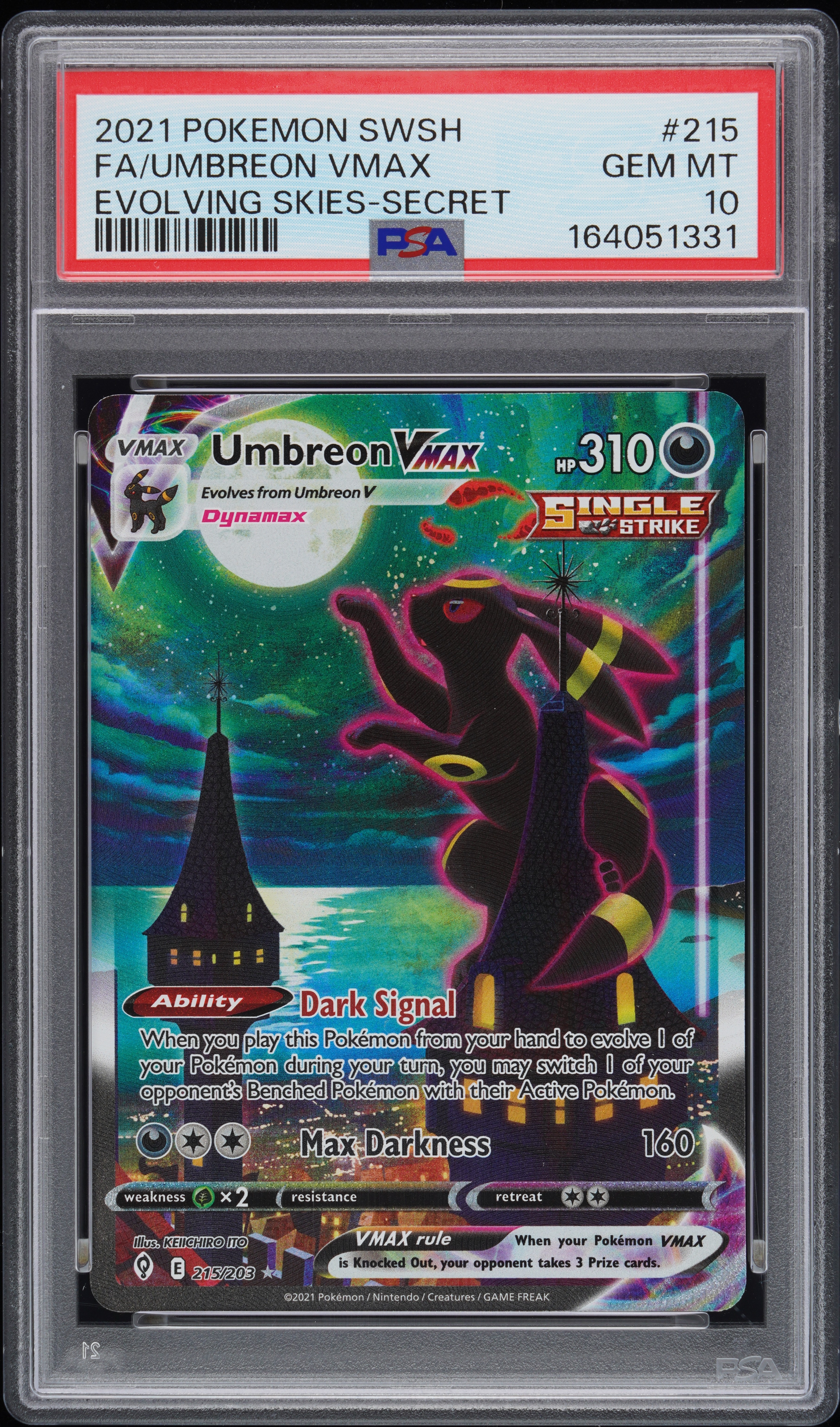 2021 #215 Full Art/Umbreon Vmax PSA 10 Sword & Shield Evolving Skies