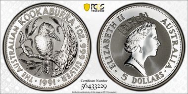 1991 $5 Kookaburra Ag MS70