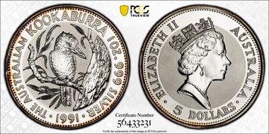 1991 $5 Kookaburra Ag MS67