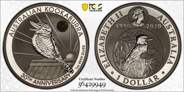 2020-P $1 Kookaburra Ag 30th Anniv. Colorized Cooktown Orchid Privy MS70