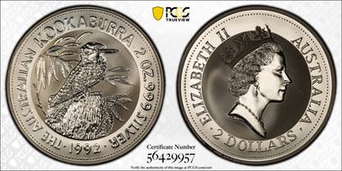 1992 $2 Kookaburra 2oz Ag MS69