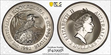 1992 $2 Kookaburra 2oz Ag MS69