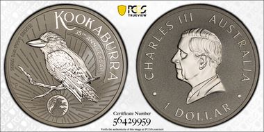 2025-P $1 Kookaburra Ag 35th Anniv. 1990 Kookaburra Privy MS70