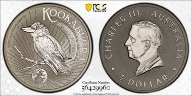 2025-P $1 Kookaburra Ag 35th Anniv. 1990 Kookaburra Privy MS70