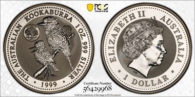 1999-P100 $1 Kookaburra Ag Connecticut Privy MS68