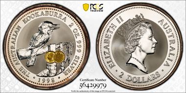 1998 $2 Kookaburra 2oz Ag 1871 Shield Sov. Privy MS68
