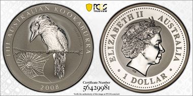 2008-P $1 Kookaburra Ag MS70