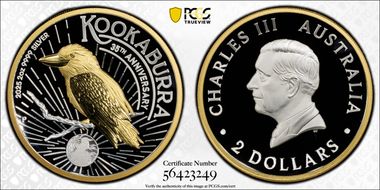 2025-P $2 Kookaburra 35th Anniv HR 2oz Ag Select Gilt PR70DCAM