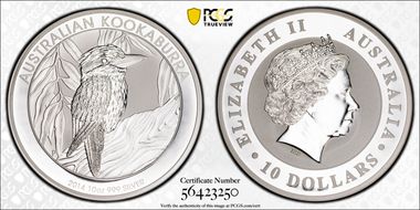 2014-P $10 Kookaburra 10oz Ag MS70