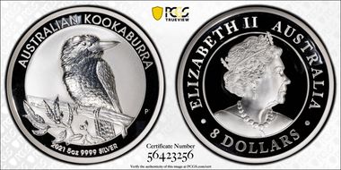 2021-P $8 Kookaburra 5oz Ag High Relief PR70DCAM