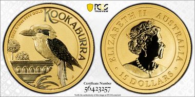 2022-P $15 Kookaburra 1/10oz Au MS70