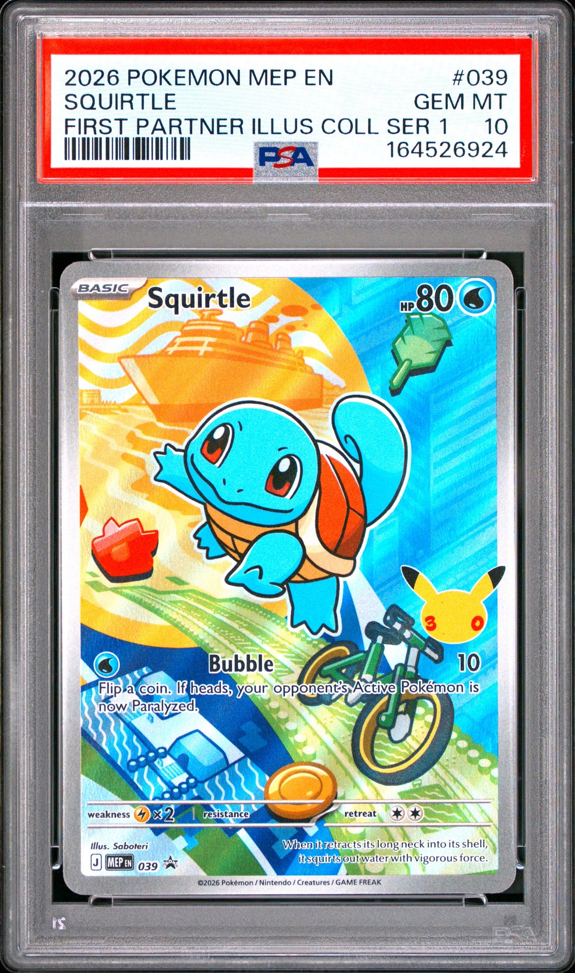 2026 Pokemon Mep En-Me Black Star Promo Squirtle #039 (First Partner Illus Coll Ser 1) Gem Mt 10 front view - PSA graded GEM MT 10