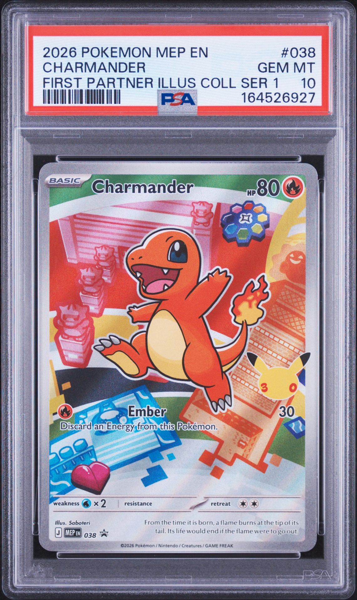 2026 Pokemon Mep En-Me Black Star Promo Charmander #038 (First Partner Illus Coll Ser 1) Gem Mt 10 front view - PSA graded GEM MT 10