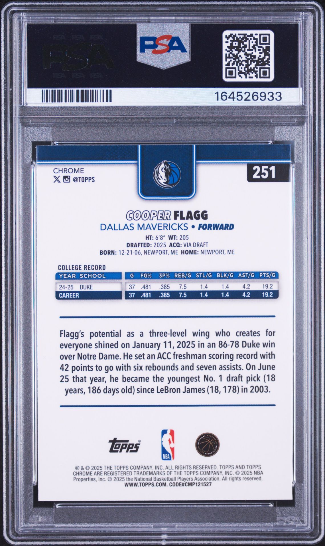 2025 Topps Chrome Cooper Flagg #251 (Pulsar) Mint 9 back