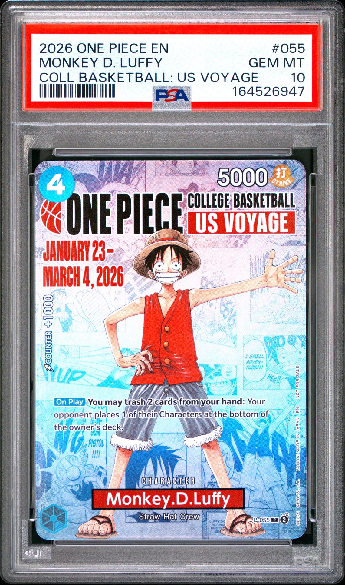 2026 One Piece Promos Monkey D. Luffy #055 (Coll Basketball: Us Voyage) Gem Mt 10 front view - PSA graded GEM MT 10