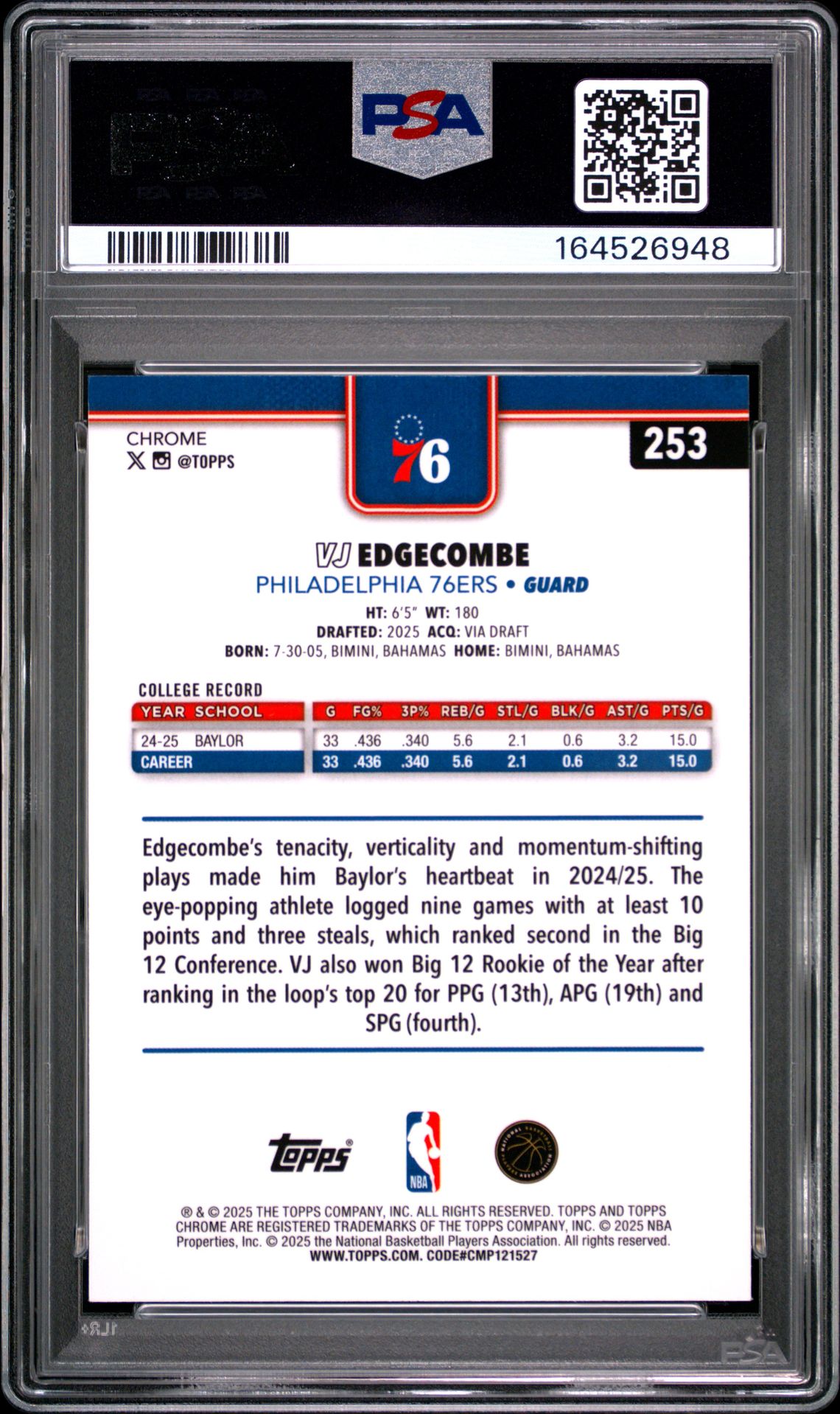 2025 Topps Chrome Vj Edgecombe #253 (Aqua Refractor) Gem Mt 10 back