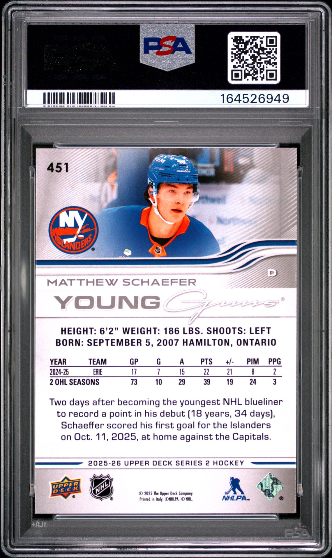 2025 Upper Deck Matthew Schaefer #451 Gem Mt 10 back view - PSA certificate #164526949