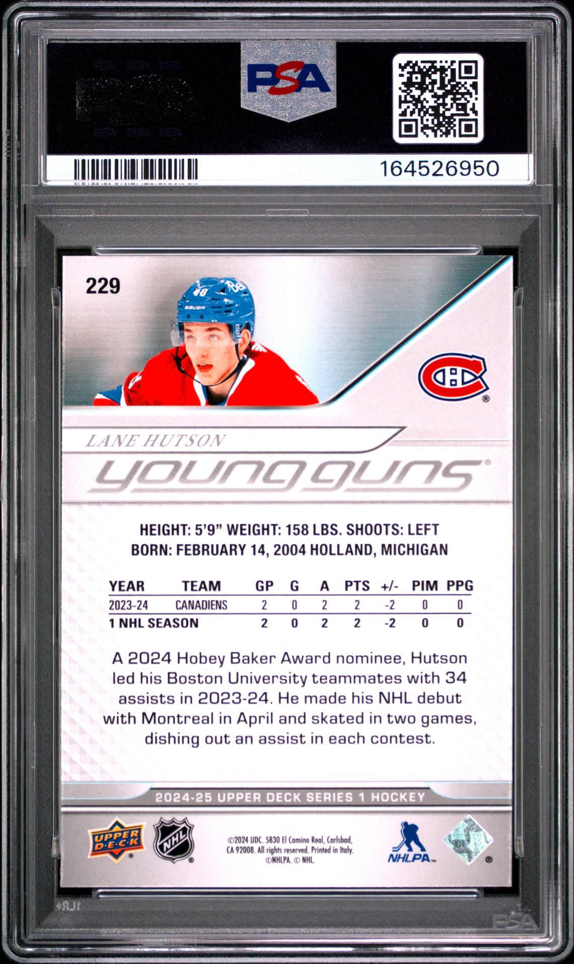 2024 UPPER DECK LANE HUTSON  229 GEM MT 10 back