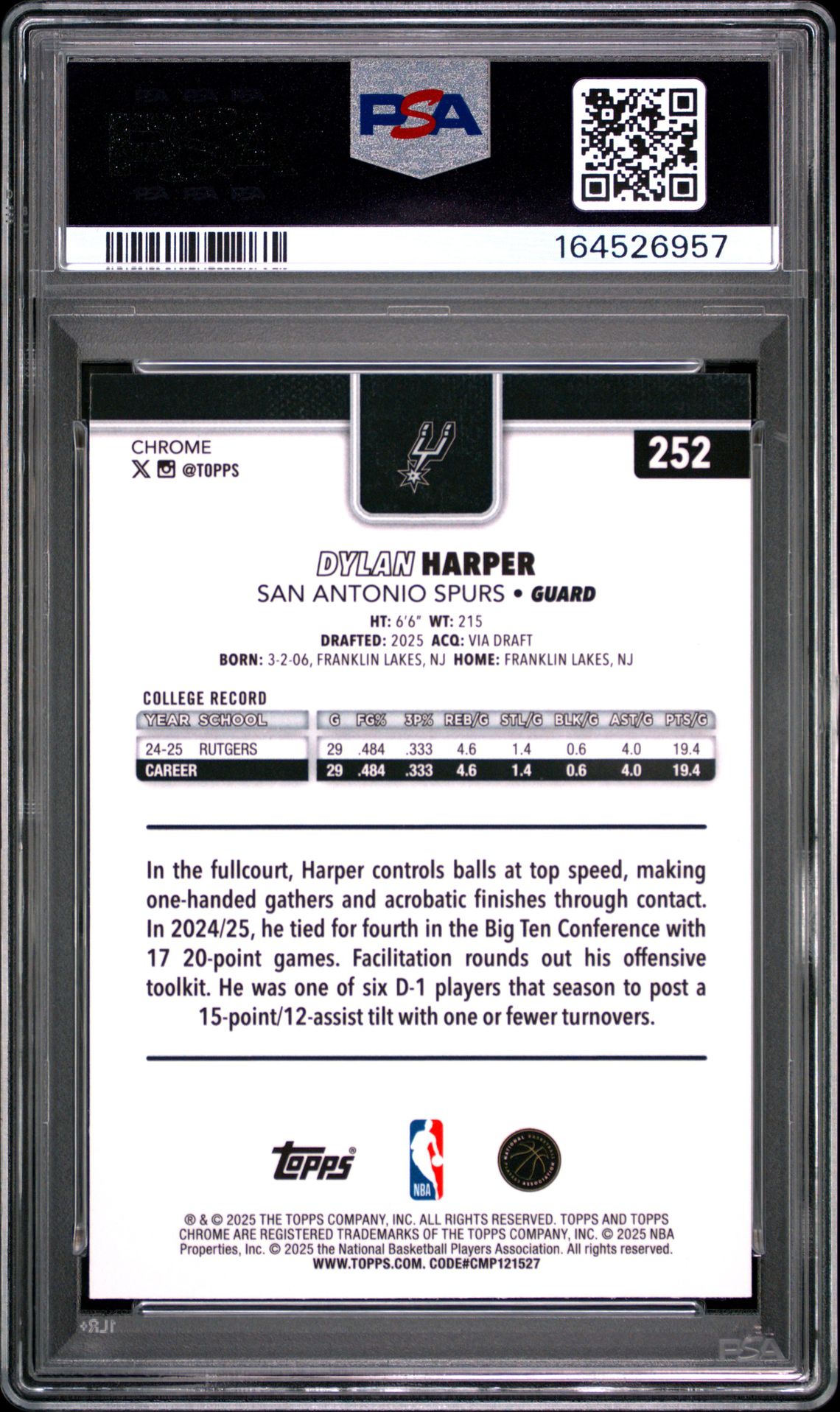 2025 Topps Chrome Sapphire Edition Dylan Harper #252 Mint 9 back