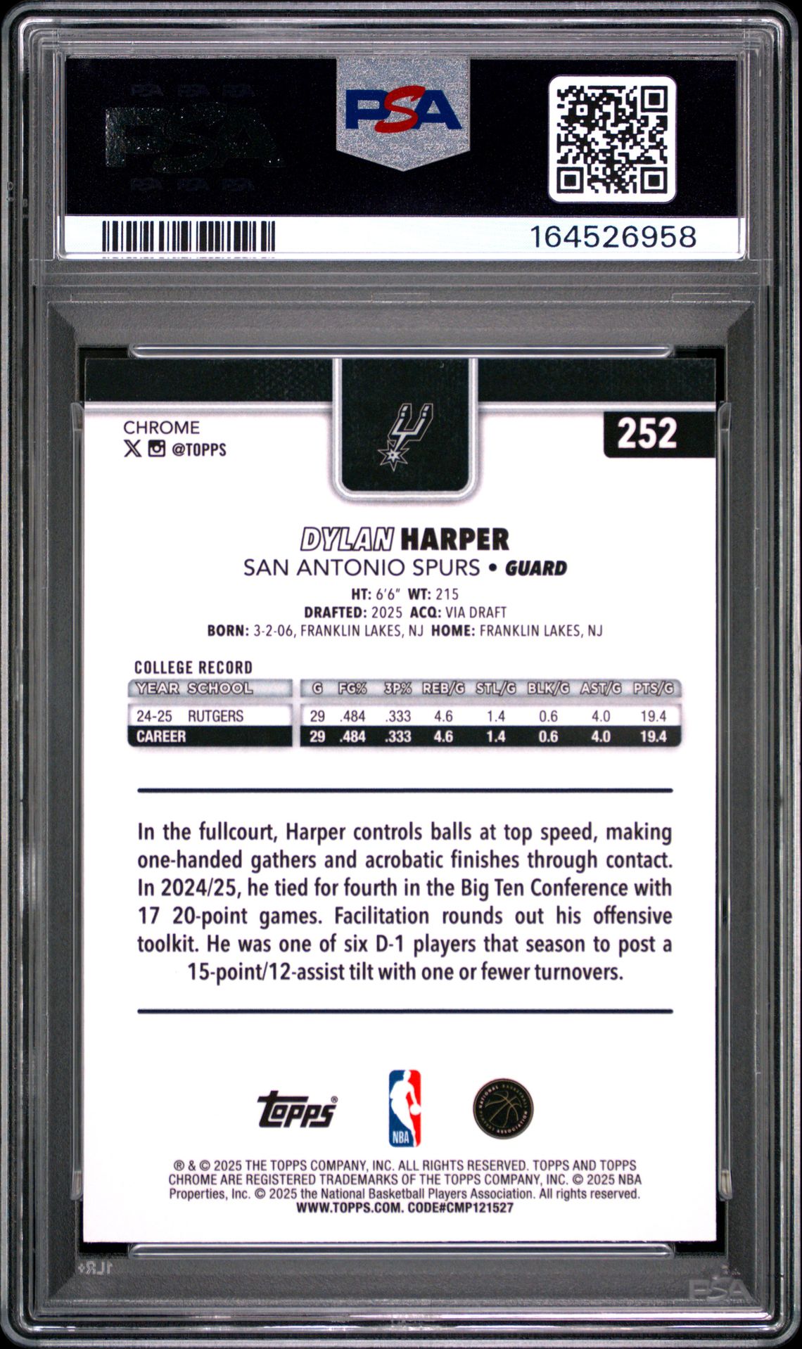 2025 Topps Chrome Sapphire Edition Dylan Harper #252 Gem Mt 10 back