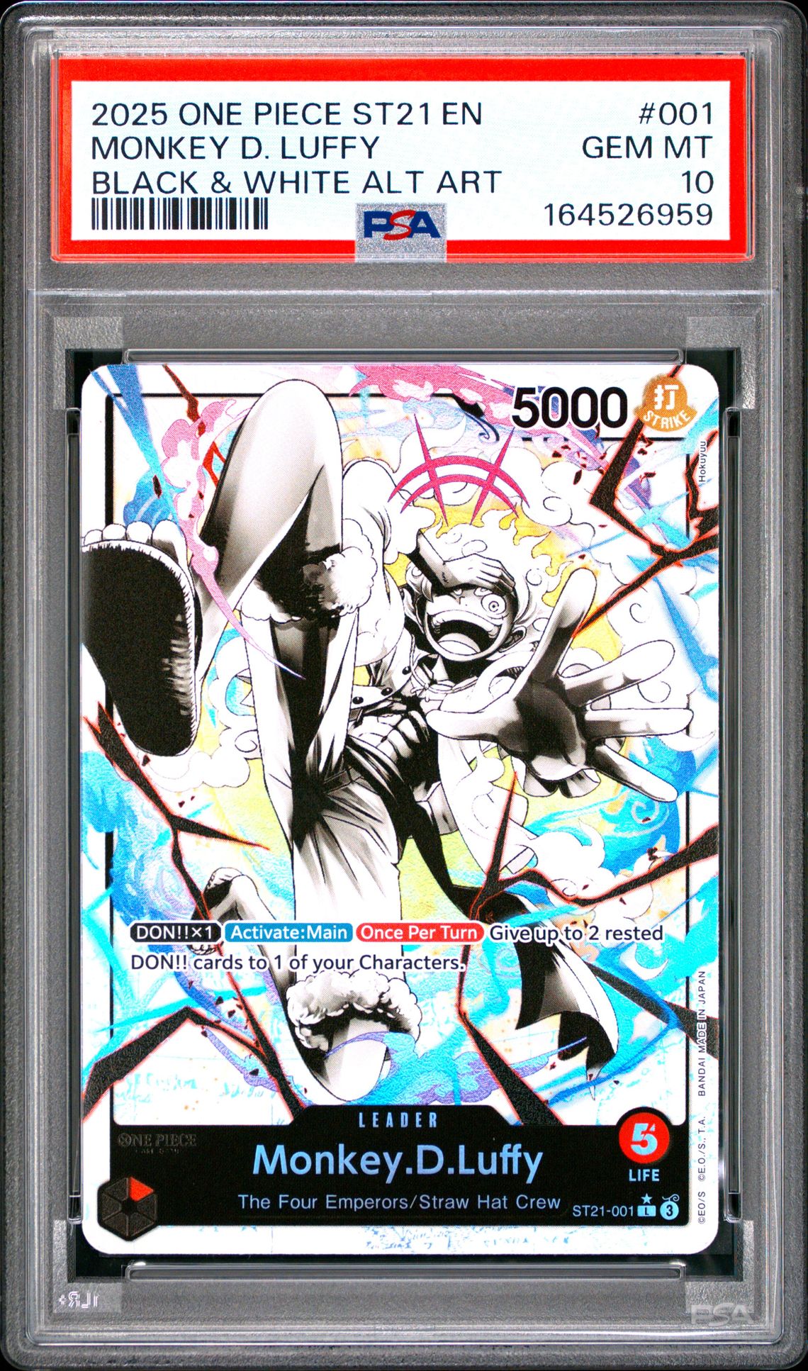 2025 One Piece Starter Deck St21-Ex Gear 5 Monkey D. Luffy #001 (Black & White Alt Art) Gem Mt 10 front view - PSA graded GEM MT 10