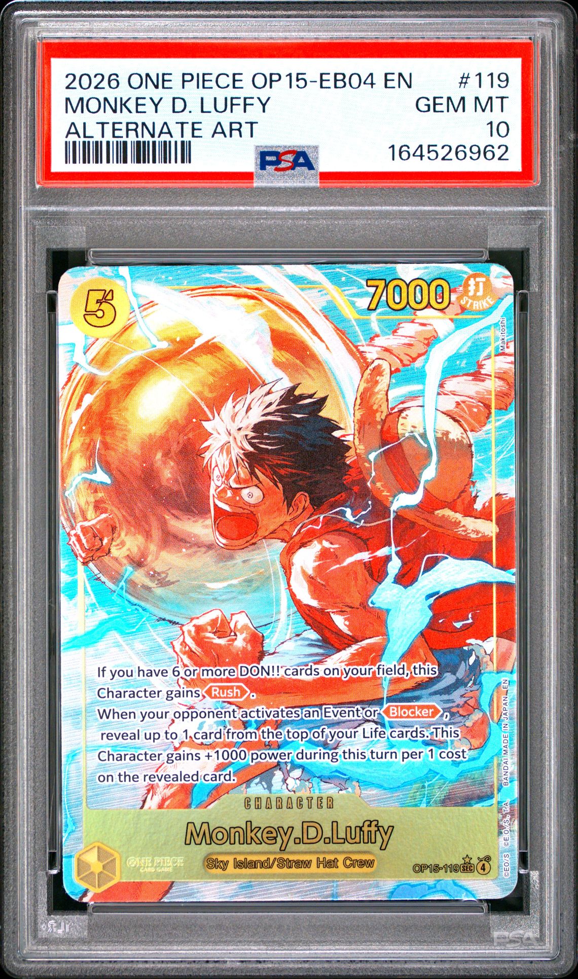 2026 One Piece Op15-Eb04-Adventure On Kami's Island Monkey D. Luffy #119 (Alternate Art) Gem Mt 10 front