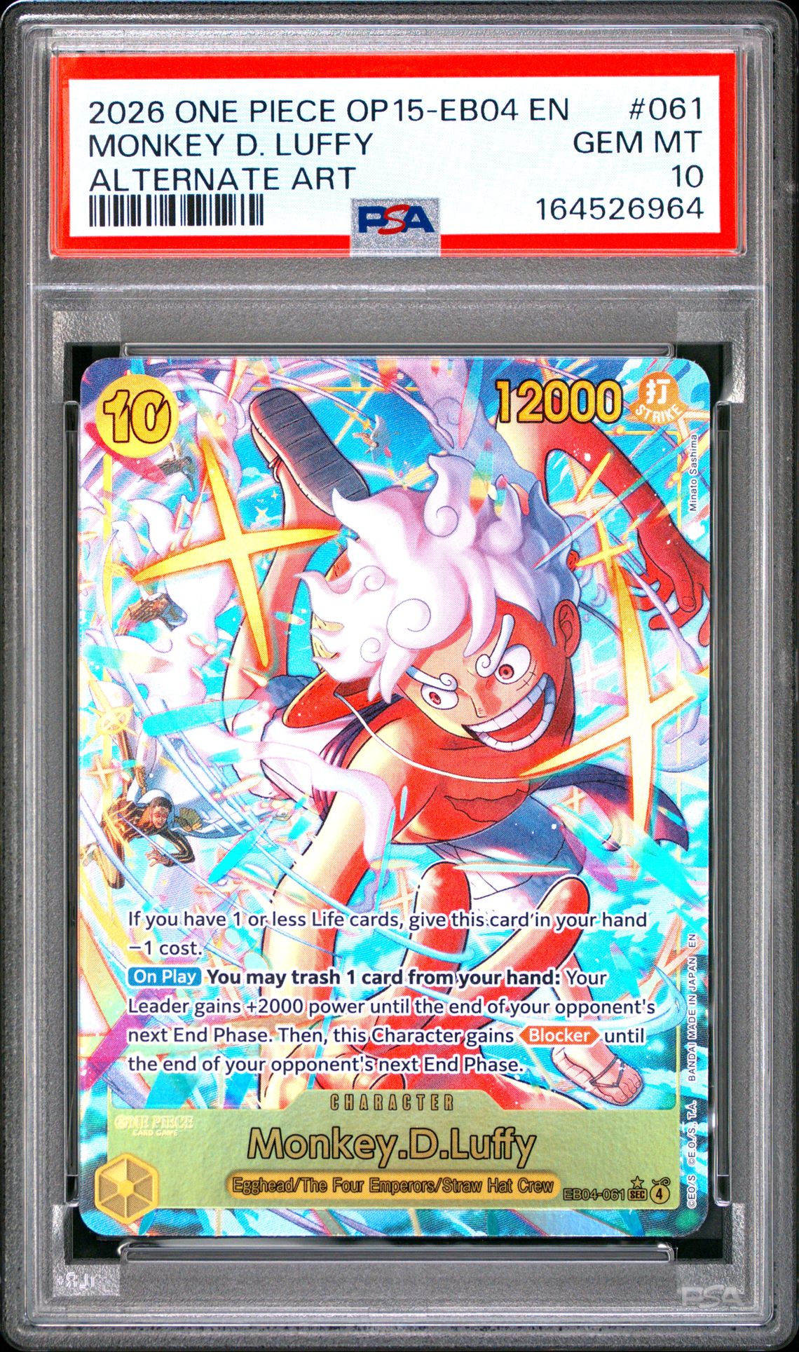 2026 One Piece Op15-Eb04-Adventure On Kami's Island Monkey D. Luffy #061 (Alternate Art) Gem Mt 10 front view - PSA graded GEM MT 10