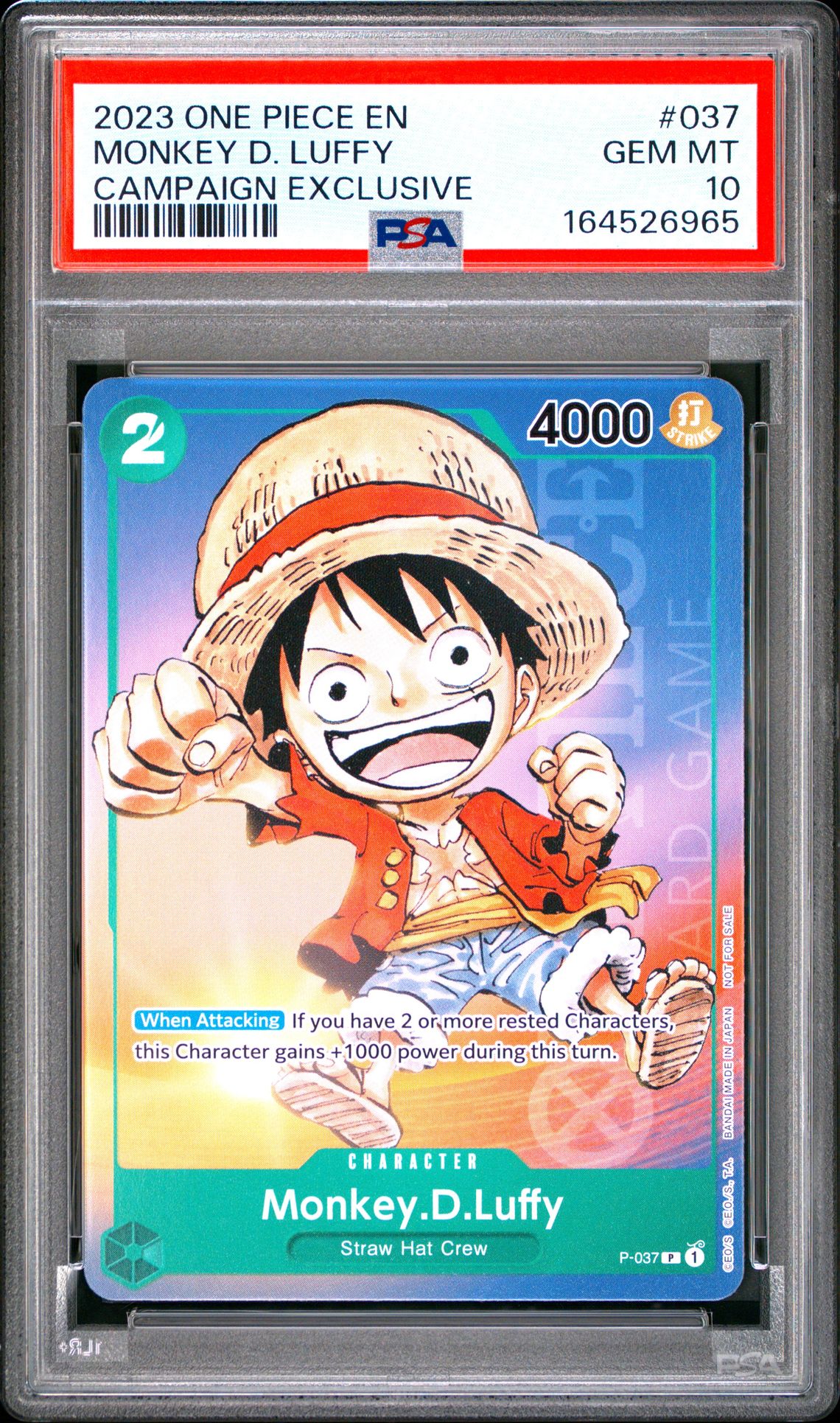 2023 One Piece Promos Monkey D. Luffy #037 (Campaign Exclusive) Gem Mt 10 front