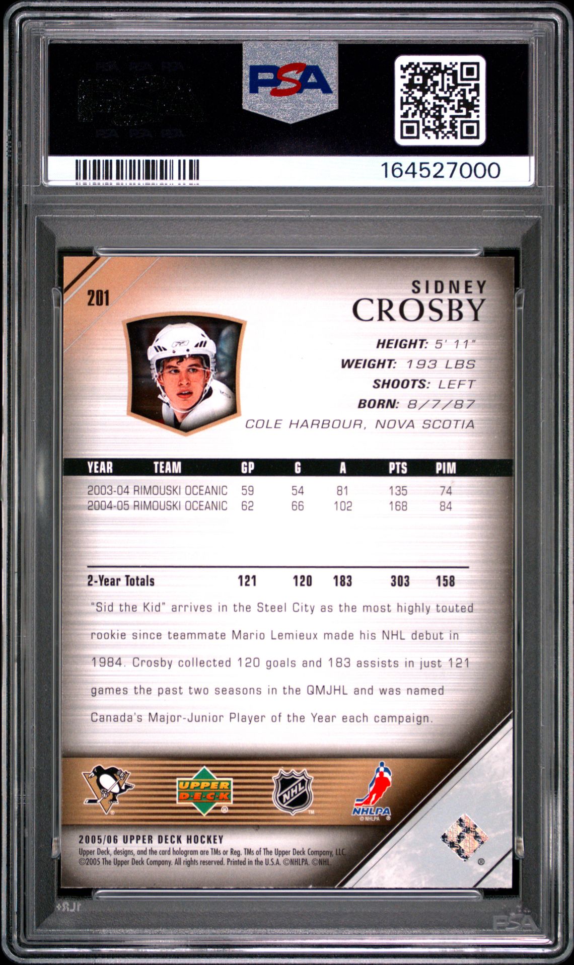 2005 Upper Deck Sidney Crosby #201 Nm-Mt 8 back
