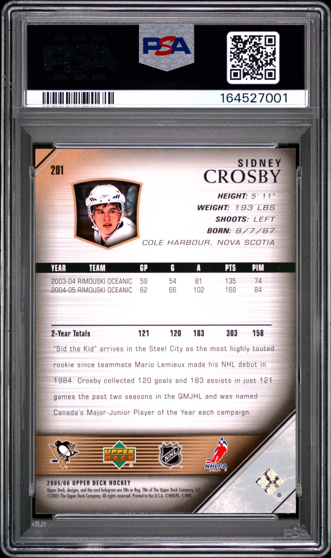 2005 Upper Deck Sidney Crosby #201 Mint 9 back
