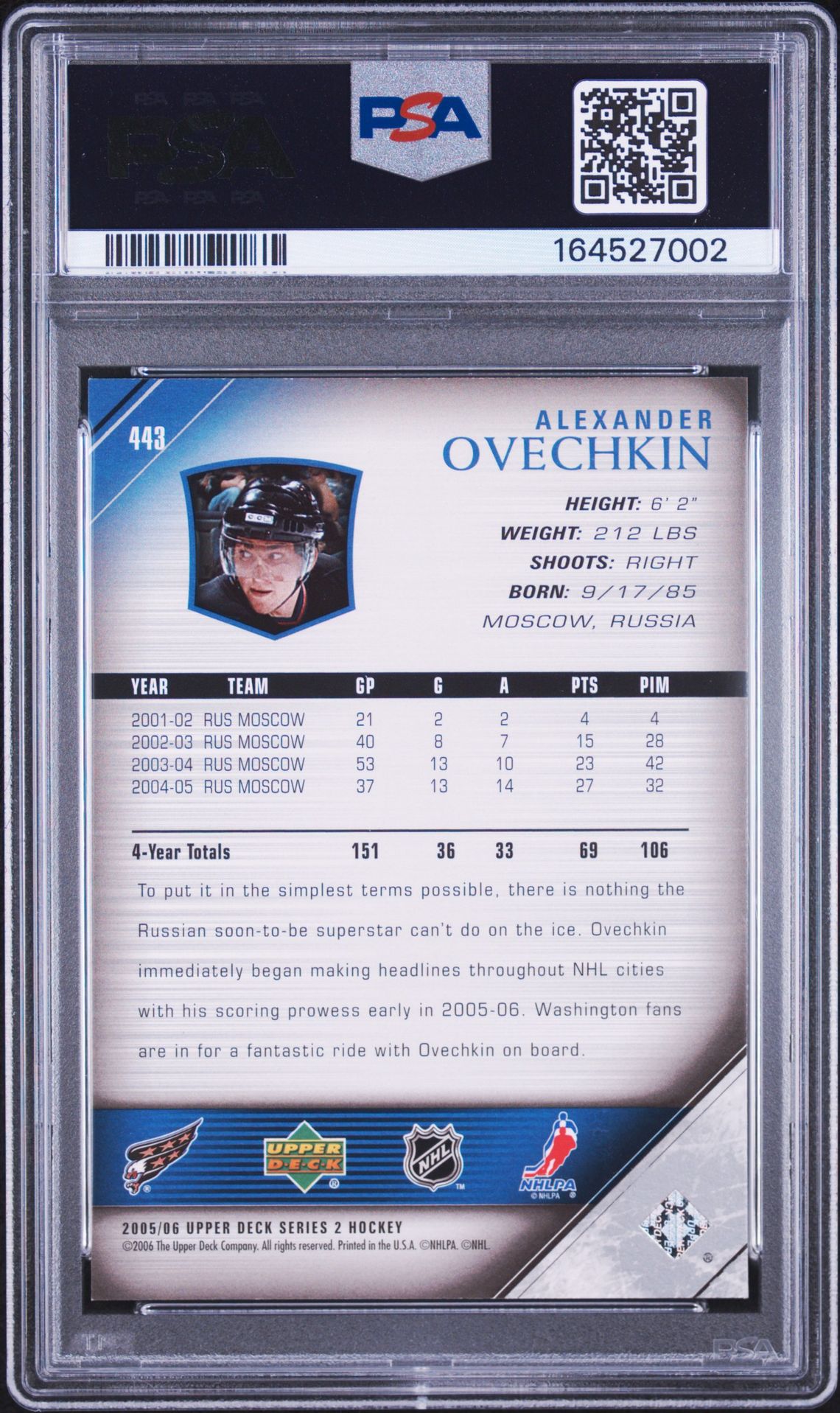 2005 Upper Deck Alexander Ovechkin #443 Mint 9 back