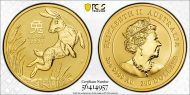 2023-P $200 Year of the Rabbit 2oz Au MS70