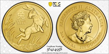 2023-P $200 Year of the Rabbit 2oz Au MS70