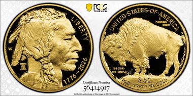 2026-W $50 American Buffalo .9999 Fine Au w/Liberty Bell 250 Privy First Strike PR70DCAM