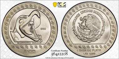 1992-Mo 100 P Guerrero Aguila KM-556  Ag MS69