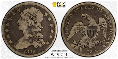 1838 25C Capped Bust VG10
