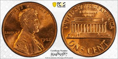 1982 1C Bronze, Small Date MS64RD