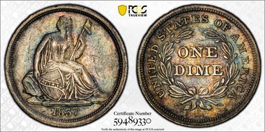 1837 10C Seated, Large Date AU50