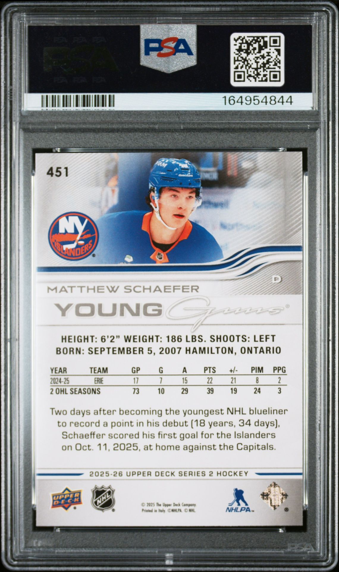 2025 Upper Deck Matthew Schaefer #451 Mint 9 back
