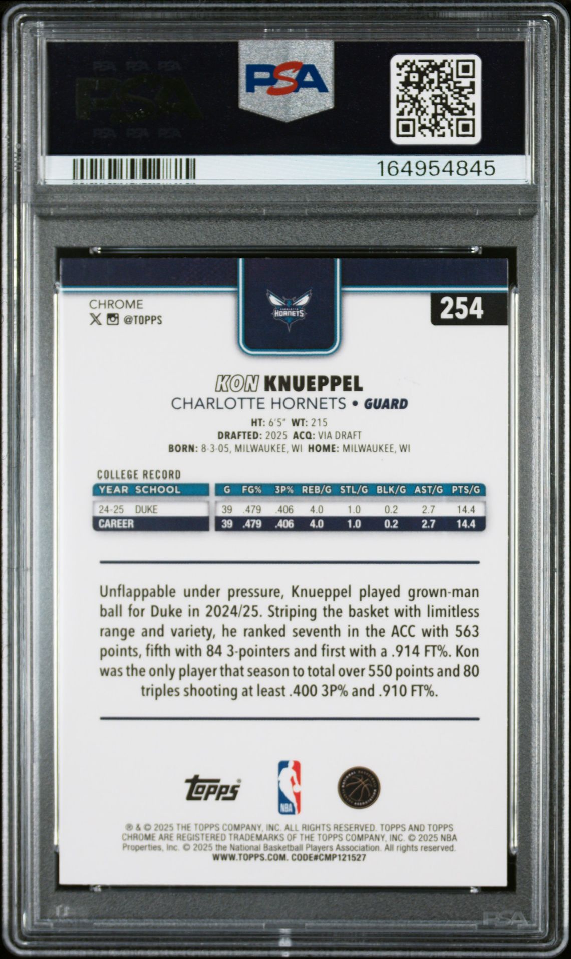2025 Topps Chrome Kon Knueppel #254 (Skylight Refractor) Gem Mt 10 back view - PSA certificate #164954845
