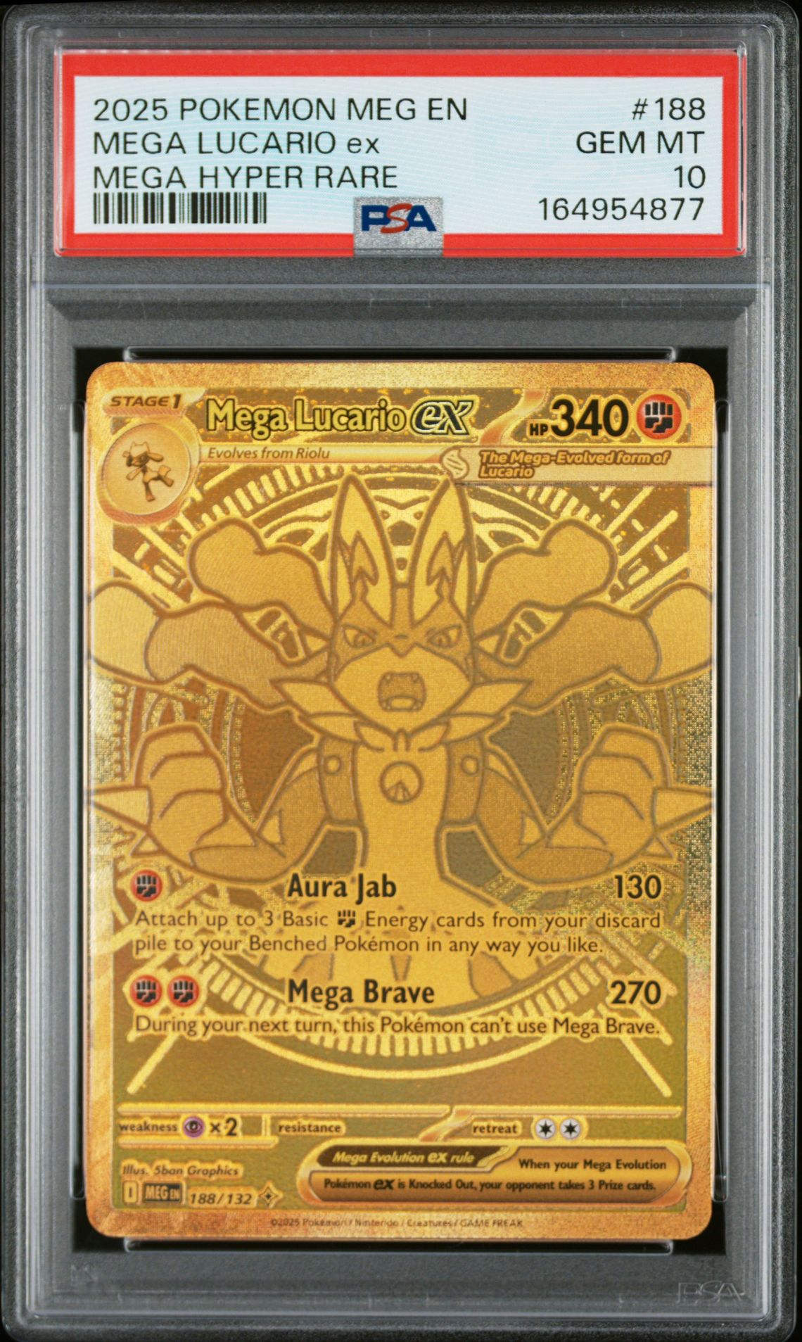 2025 Pokemon Meg En-Mega Evolution Mega Lucario Ex #188 (Mega Hyper Rare) Gem Mt 10 front view - PSA graded GEM MT 10