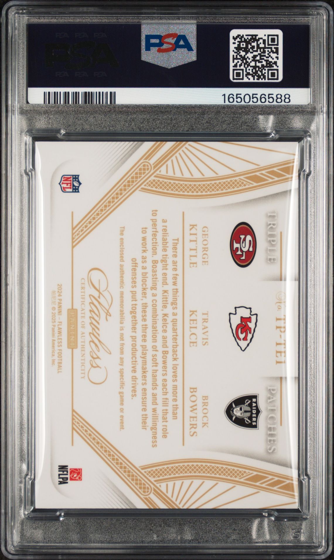 2024 Panini Flawless Triple Patches Kittle/Kelce/Bowers #Tp-Te1 (Triple Patches-Silver) Gem Mt 10 back view - PSA certificate #165056588