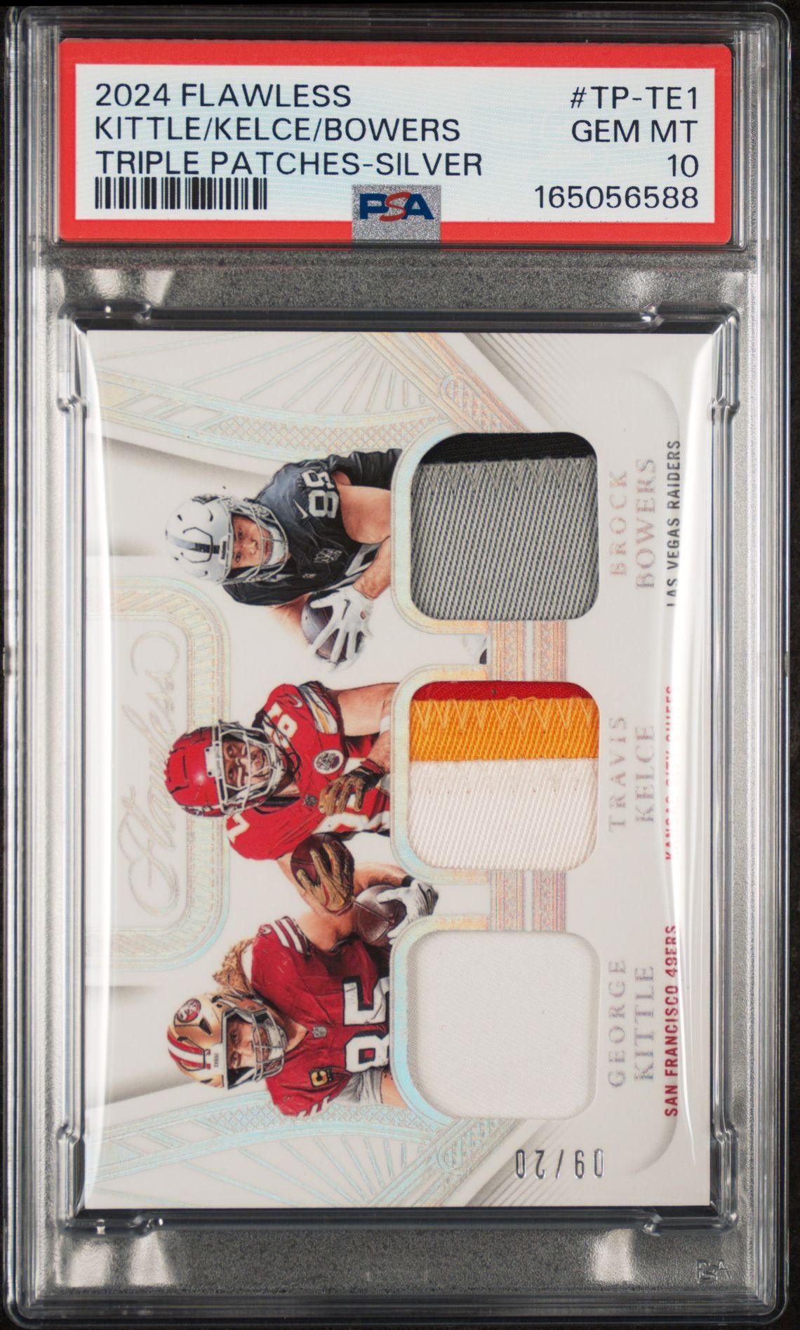 2024 Panini Flawless Triple Patches Kittle/Kelce/Bowers #Tp-Te1 (Triple Patches-Silver) Gem Mt 10 front view - PSA graded GEM MT 10