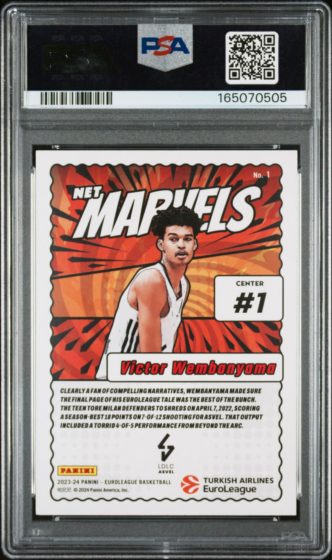 2023 Panini Donruss Turkish Airlines Euroleague Net Marvels Victor Wembanyama #1 Gem Mt 10 back view - PSA certificate #165070505