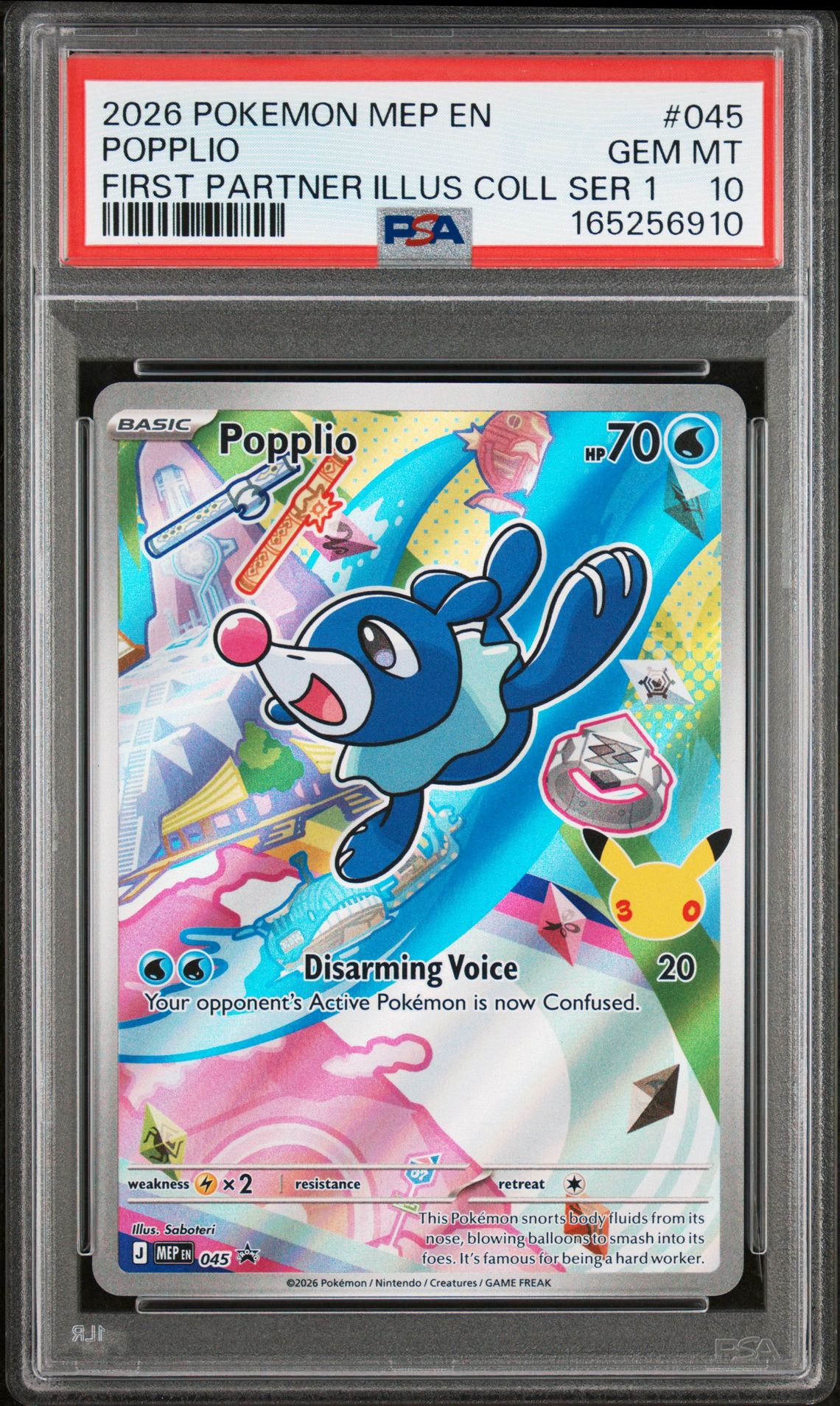 2026 Pokemon Mep En-Me Black Star Promo Popplio #045 (First Partner Illus Coll Ser 1) Gem Mt 10 front view - PSA graded GEM MT 10