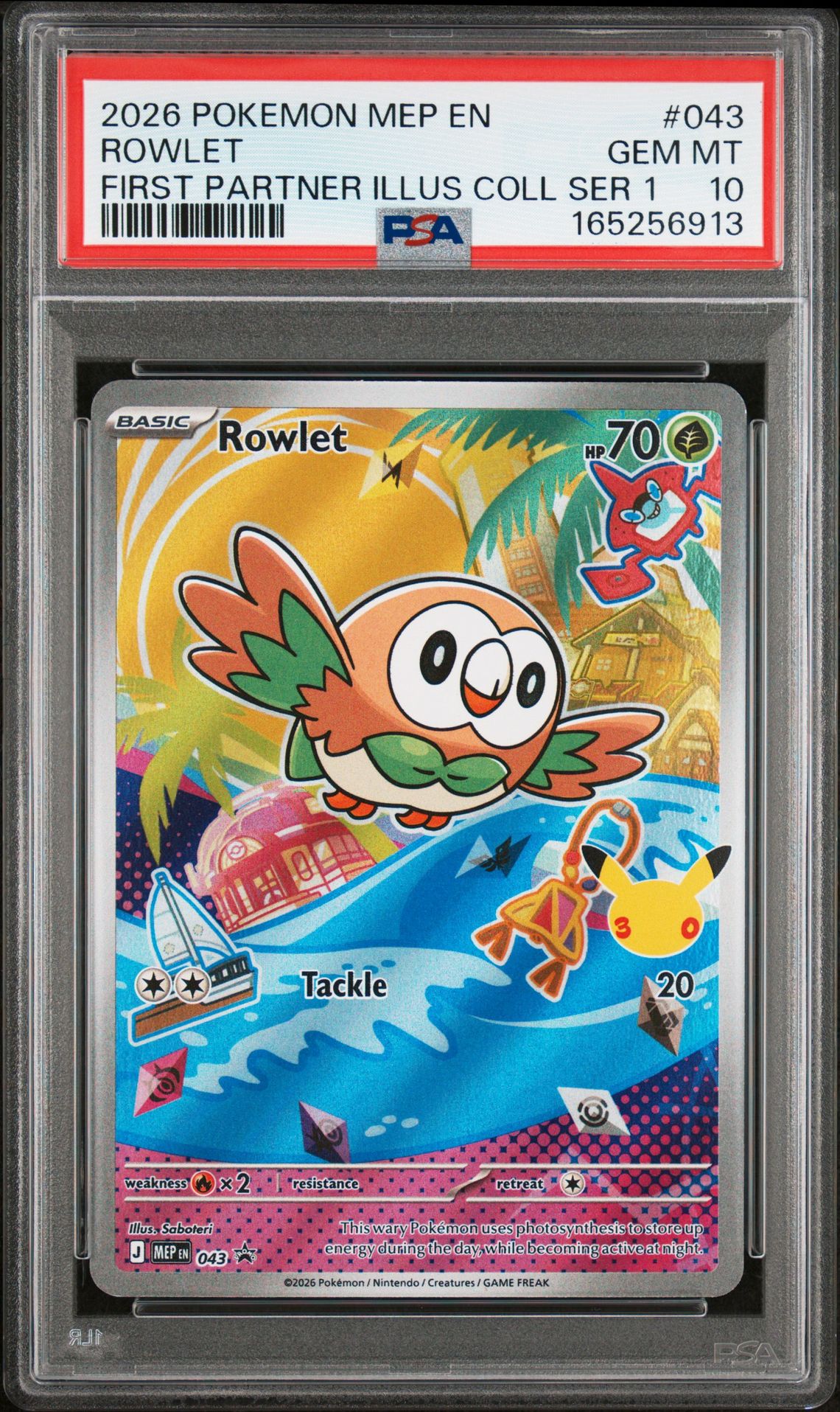 2026 Pokemon Mep En-Me Black Star Promo Rowlet #043 (First Partner Illus Coll Ser 1) Gem Mt 10 front