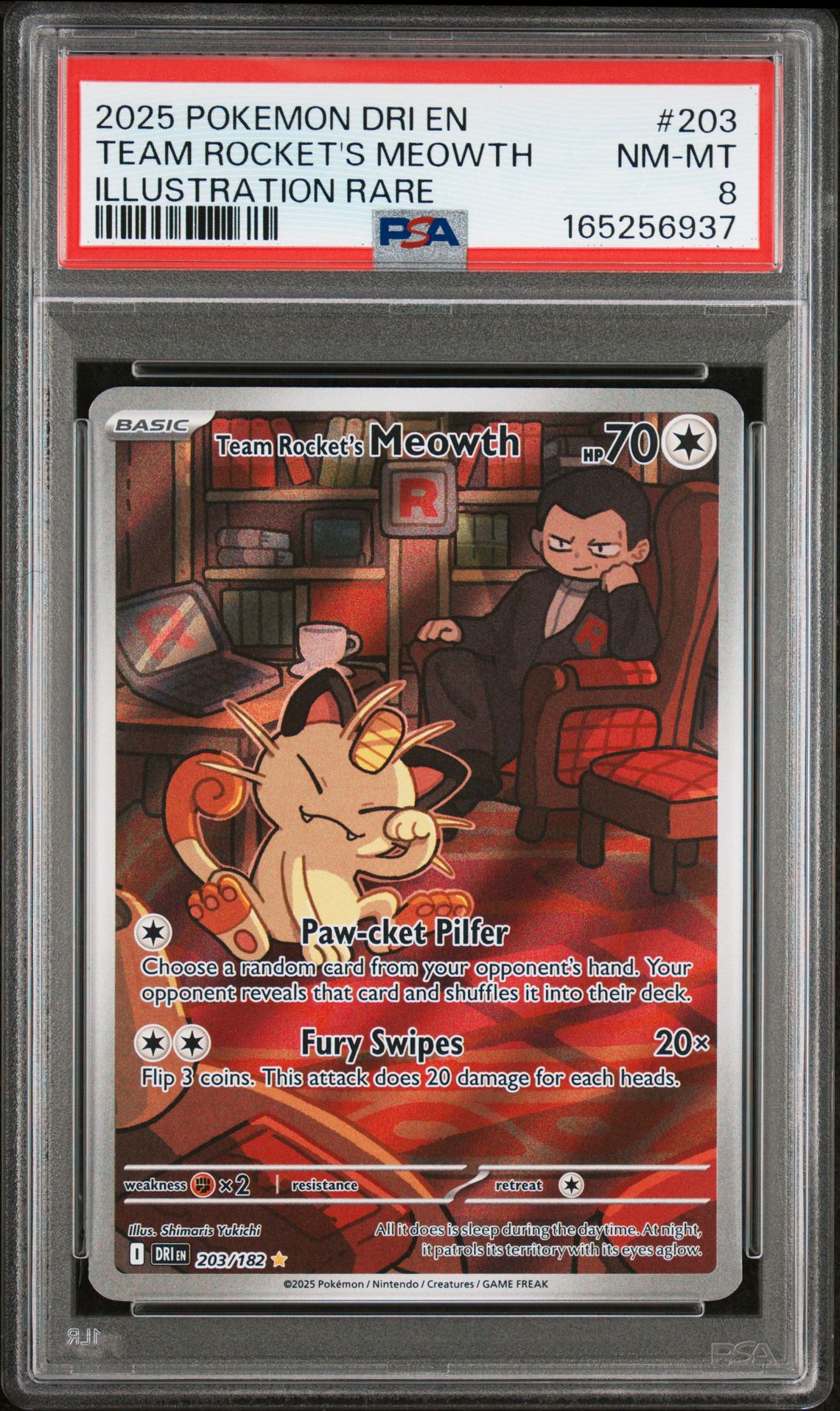 2025 Pokemon Dri En-Destined Rivals Team Rocket's Meowth #203 (Illustration Rare) Nm-Mt 8 front