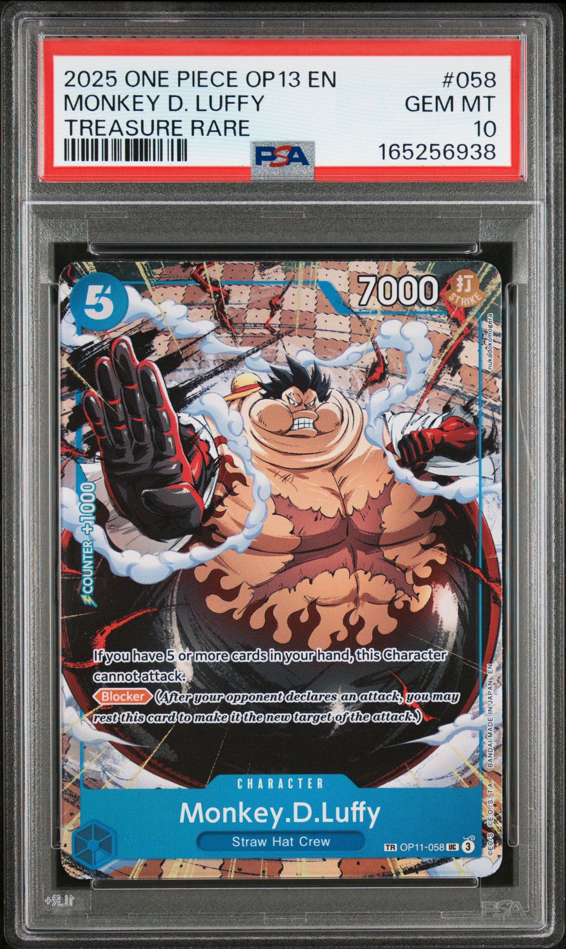 2025 One Piece Op13-Carrying On His Will Monkey D. Luffy #058 (Treasure Rare) Gem Mt 10 front view - PSA graded GEM MT 10