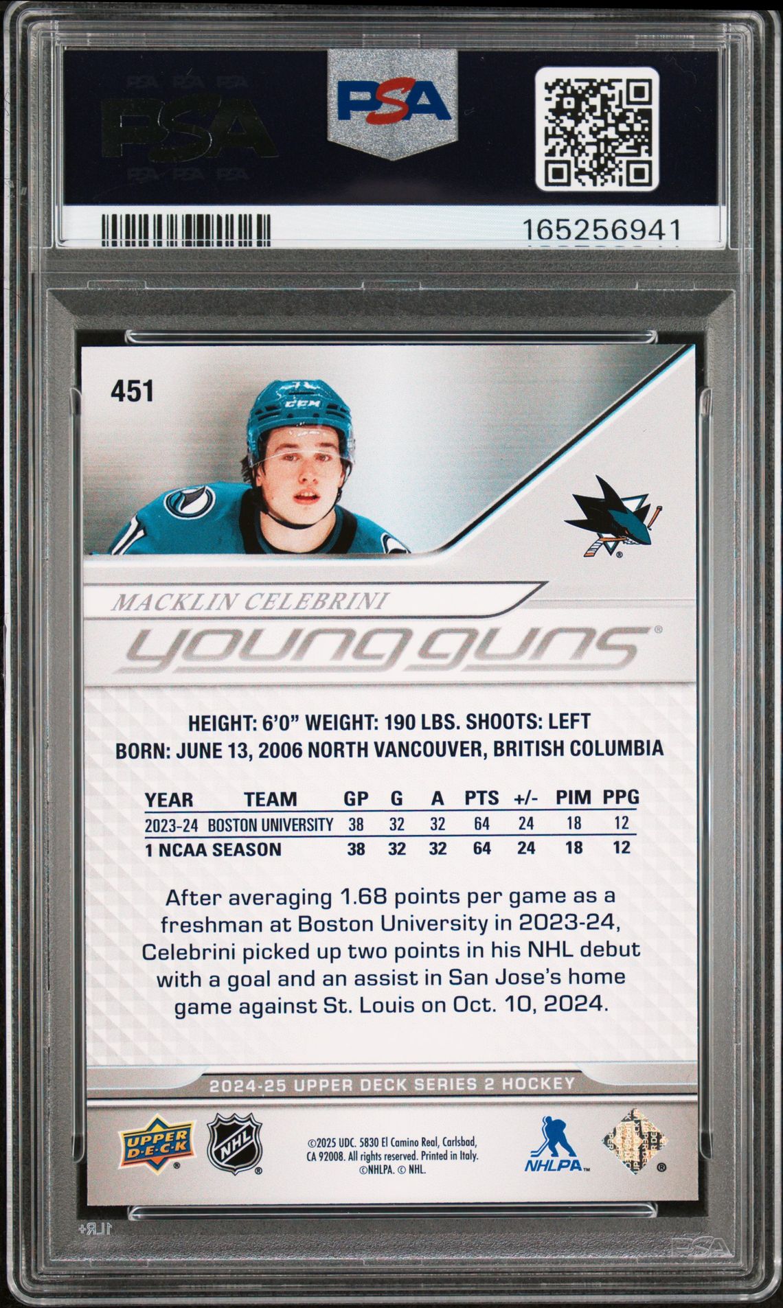 2024 Upper Deck Macklin Celebrini #451 Nm-Mt 8 back