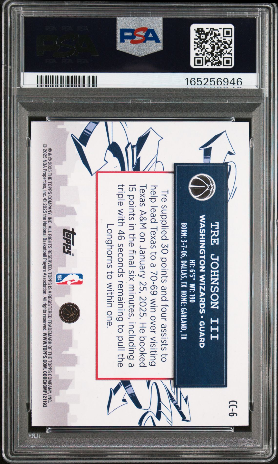 2025 Topps Clutch City Prospects Tre Johnson Iii #Cc-6 (Cltch Cty Pros-Grn Holo Foil) Gem Mt 10 back